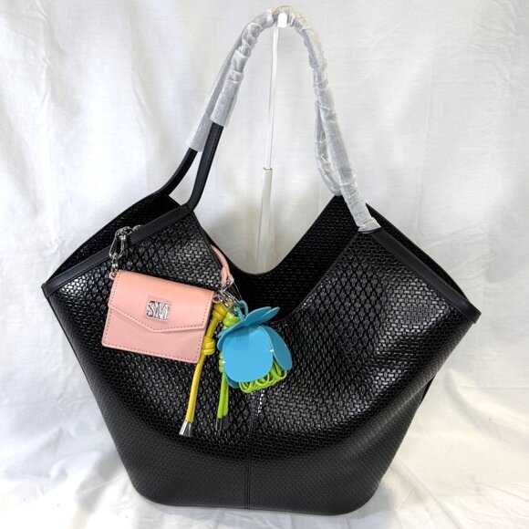 Steve Madden, Embossed Woven X-Large Tote Bag, Black, w/Colorful Bag Charms, NWT - Picture 1 of 16
